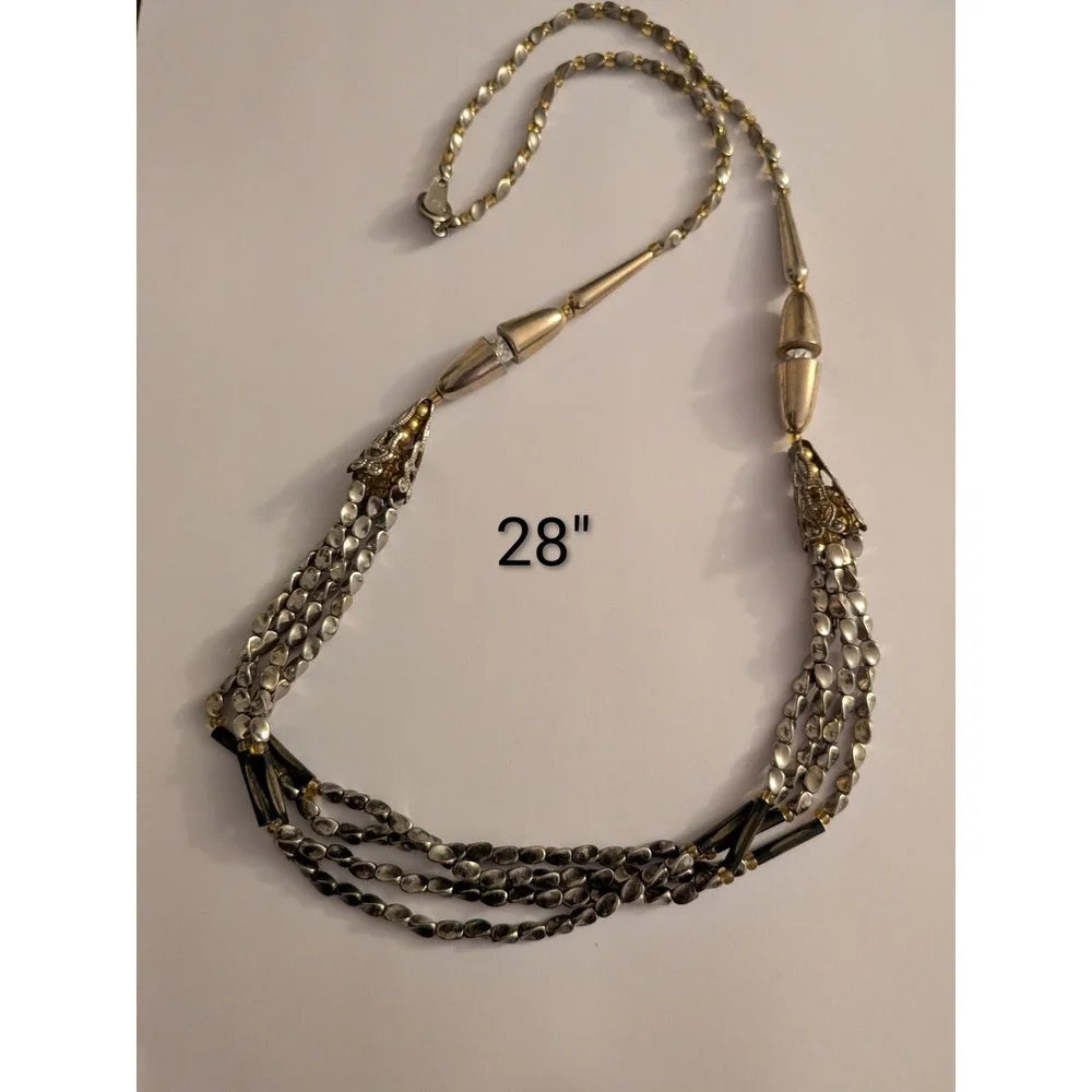 Mixed Metal Multi Strand Statement Necklace Silver Gold Bronze Tones 28 Inch